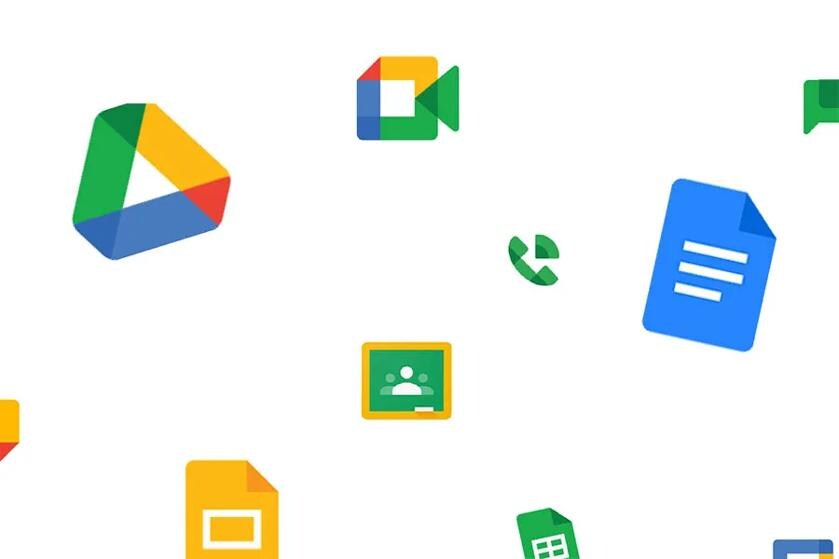 Various Google icons scattered across a white background.