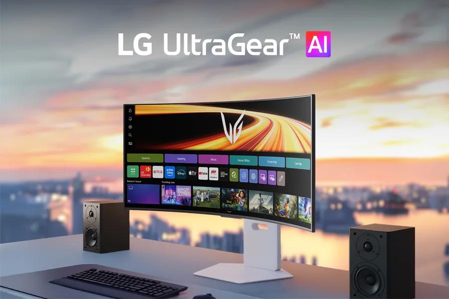 LG 34GX90SB-W UltraGear OLED Gaming Monitor with AI smart features showing streaming apps and content interface
