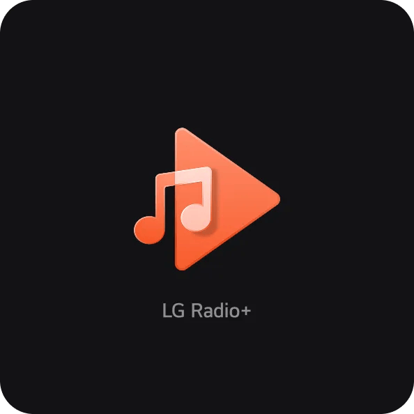 LG Radio+ app icon featuring a play button and music note symbol on a dark background