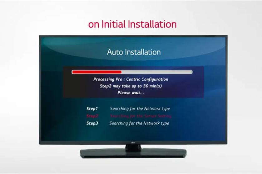 A television displaying an auto installation screen with progress bar and steps for setup.