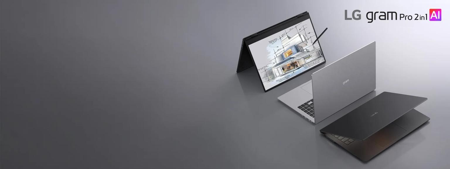 Three LG gram Pro 2-in-1 AI convertible laptops on a light gray surface, with one dark gray model angled to be closed, one light gray model angled to show the back and one laptop in tablet model showcasing the interior of a home on the screen.