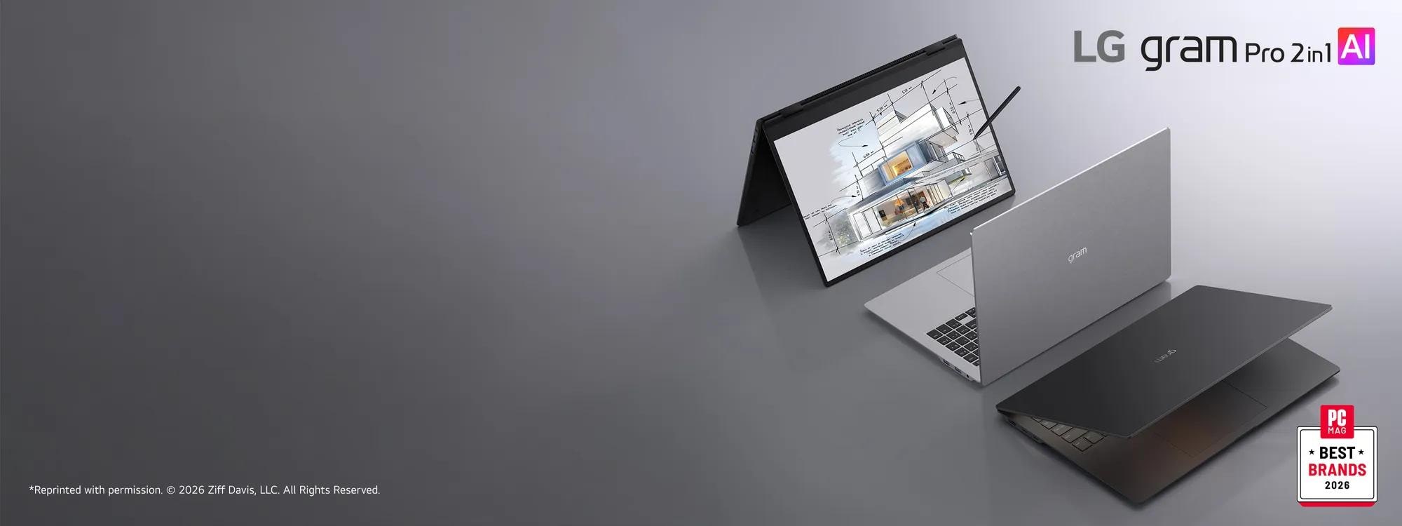 Three LG gram Pro 2-in-1 AI convertible laptops on a light gray surface, with one dark gray model angled to be closed, one light gray model angled to show the back and one laptop in tablet model showcasing the interior of a home on the screen. “PC Mag Best Brands 2026” badge.