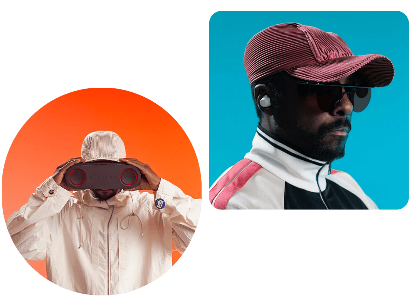 Will.i.am looking down at xboom speaker in his hands