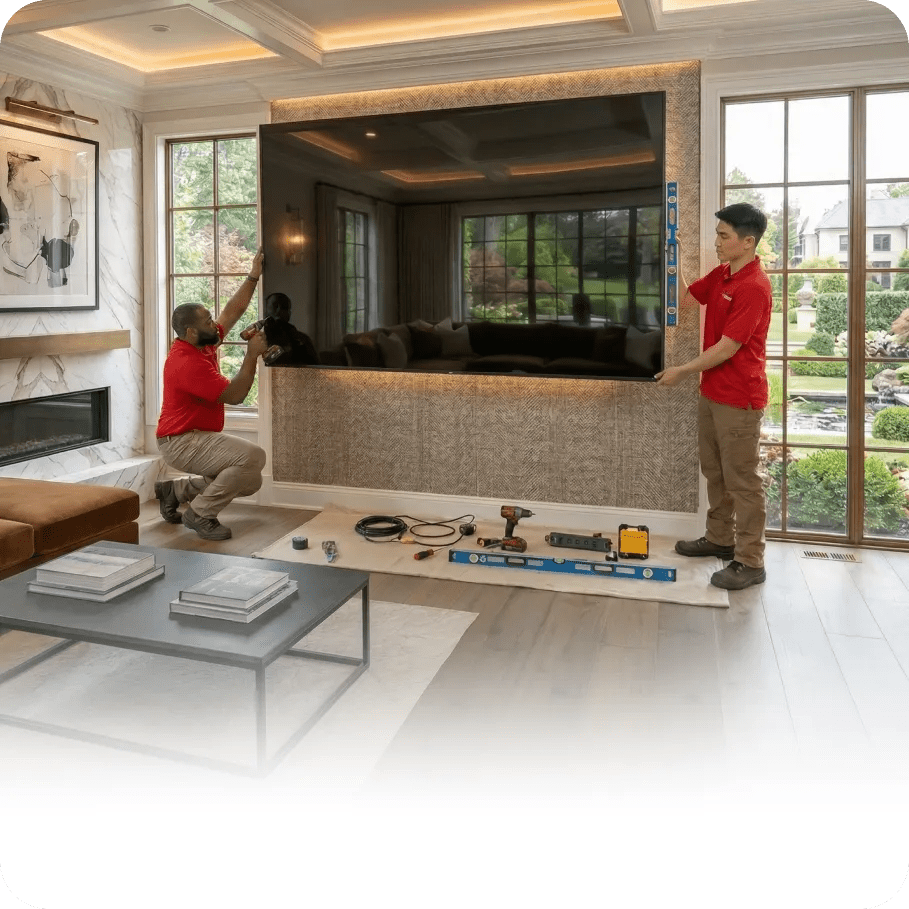 Two installers positioning an LG XXL TV in a bright living room, illustrating professional installation services.