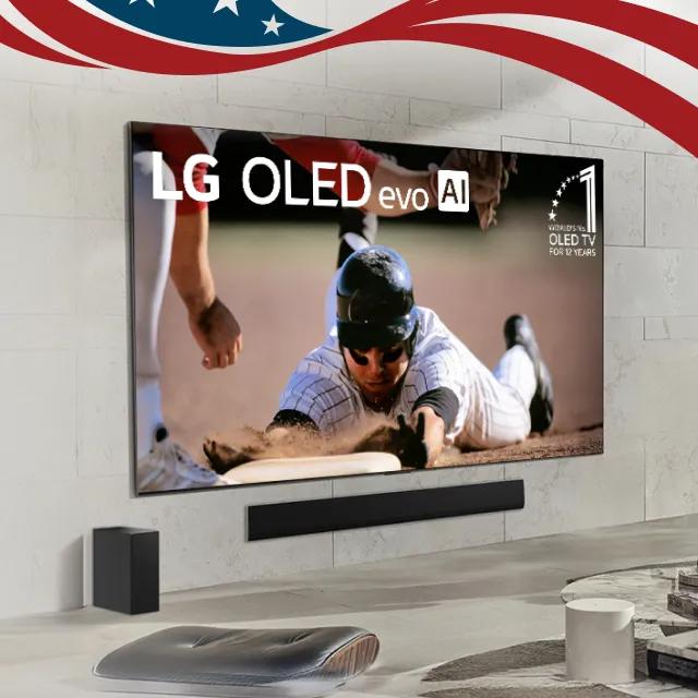An LG OLED TV appears in a living room setting with a soundbar beneath it. The TV infill shows a badge reading “World’s No. 1 OLED TV for 12 Years”. 