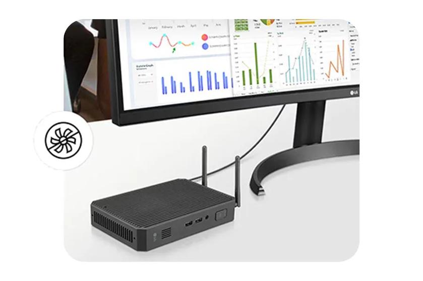 An LG box type thin client connected to a monitor, with a circular icon of a fan with a bar through it.