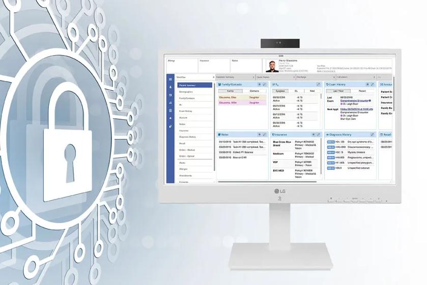 An LG cloud computing thin client for healthcare on a graphic background of digital-style lines and a lock.