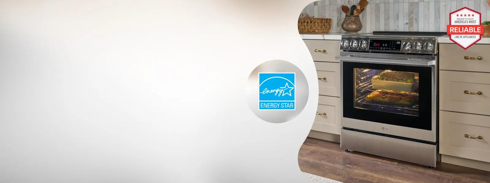 LG electric range with open oven door showing food cooking inside, with ENERGY STAR certification badge and Brought to You by America's Most Reliable Line of Appliances badge.