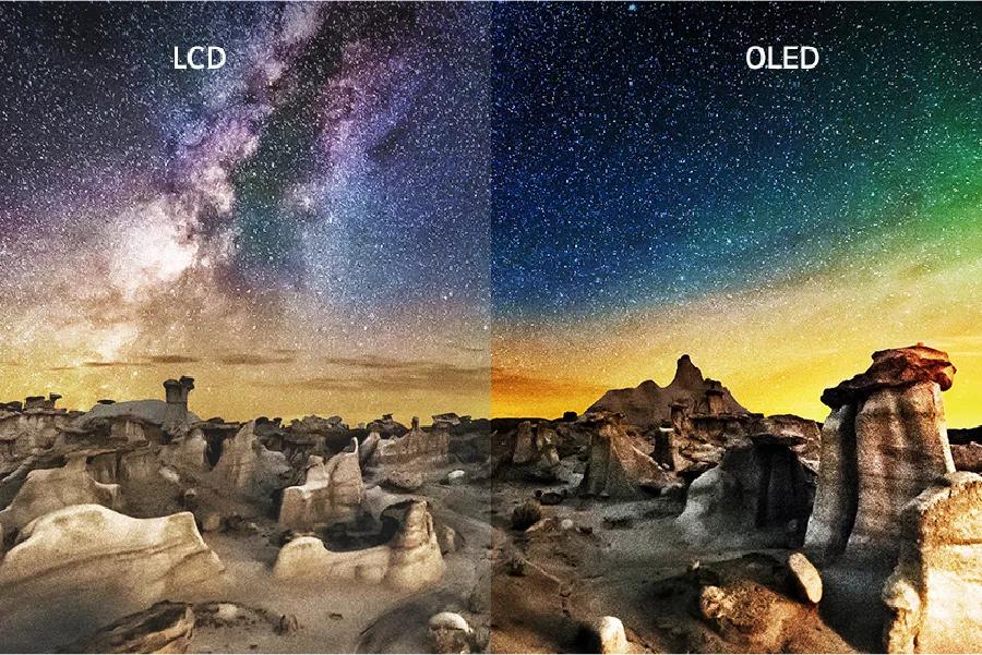 A split screen displays a desert landscape with a starry sky showing LCD versus OLED. Text: LCD. OLED.