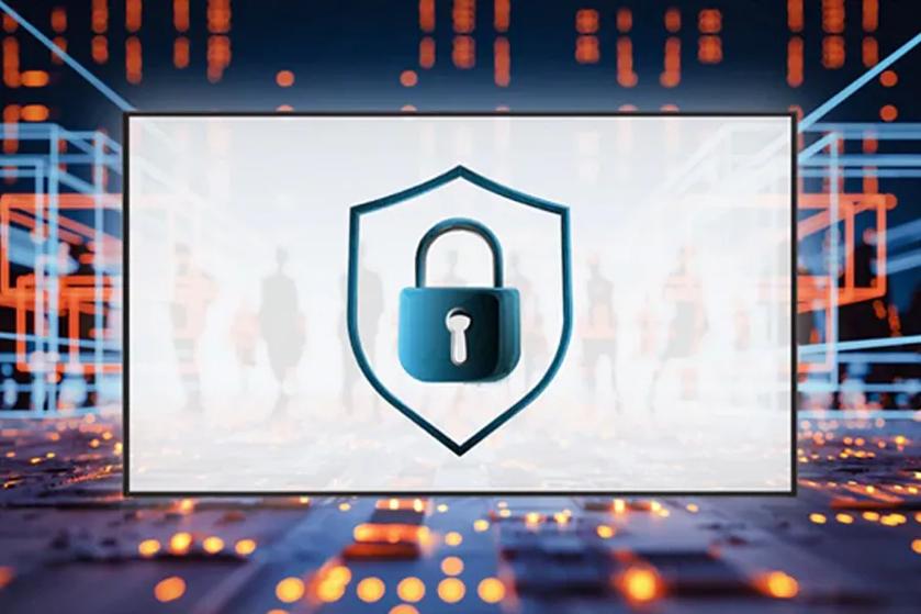 65UL5Q-M UHD Signage on a futuristic background, with lock and shield image on its display.