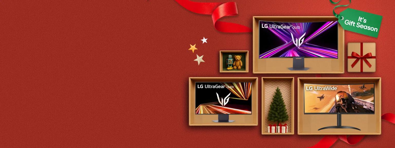 “It’s Gift Season” tag. Various LG monitors and holiday-themed items appear on a gift box collage layout.