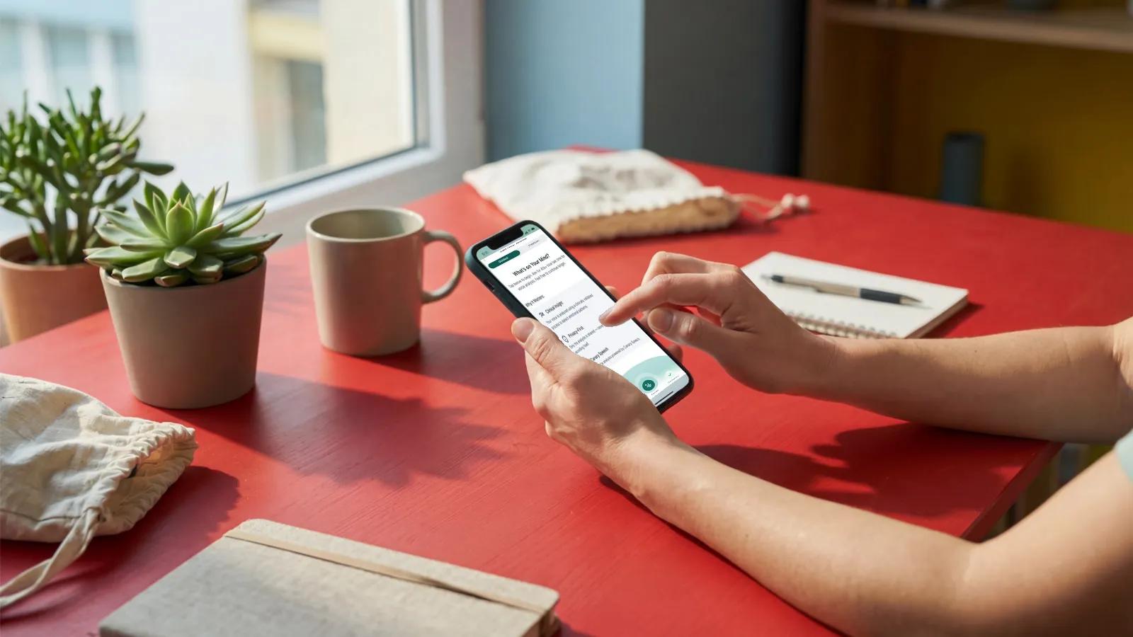 A person’s hands holding a smartphone and tapping a journaling screen in a wellness app, on a red table with a succulent, a mug, notebooks, and linen pouches.