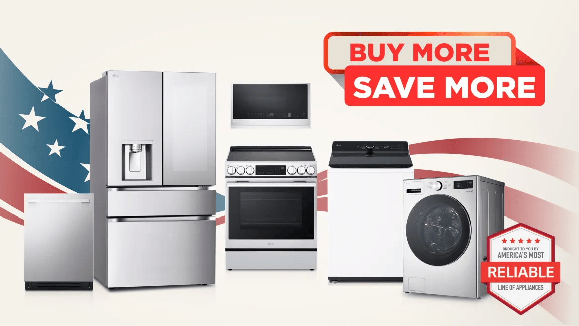 Labor Day Buy More Save More -- LG refrigerator, dishwasher, over-the-range microwave, range, top-load washer, and front-load washer displayed against an American flag backdrop with "BUY MORE SAVE MORE" headline and "brought to you by America's Most Reliable Line of Appliances" badge