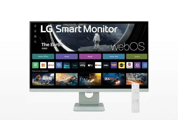 LG Smart Monitor 27SR50F-G on white background with remote displays webOS interface.