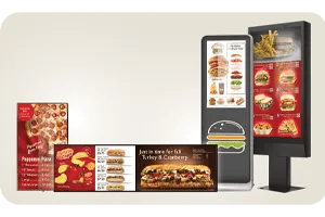 A collection of LG digital signage with food and menus displayed.