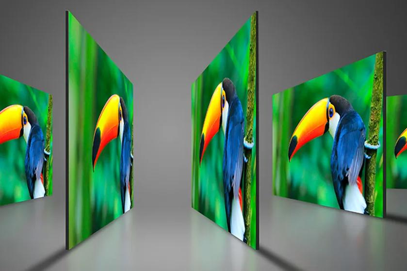 Multiple angled screens displaying a vivid image of a toucan with a large orange beak set against a green background.