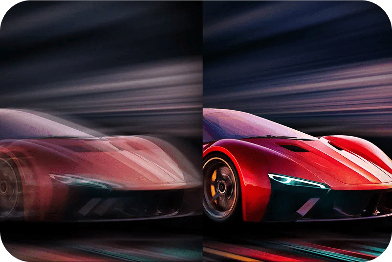 Split image of red sports car racing. The left side shows motion blur, and the right side is perfectly clear to highlight fast refresh rate.