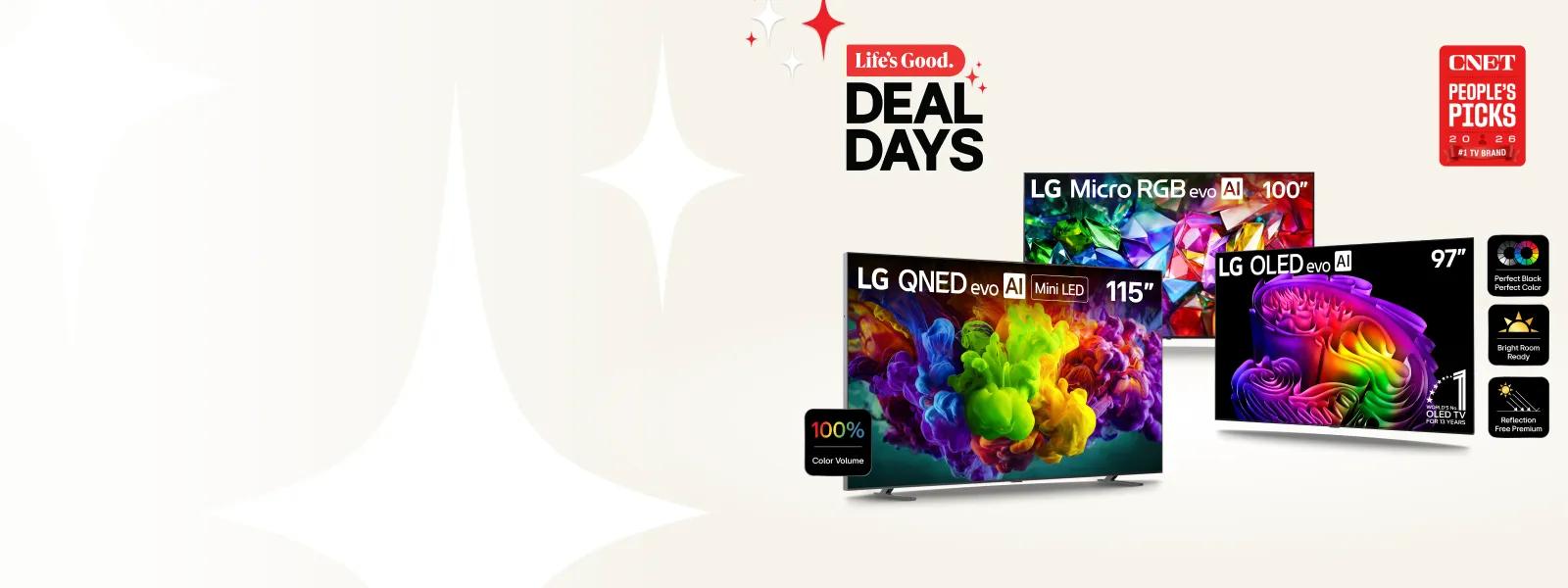 LG Deal Days promotional graphic featuring the LG QNED evo AI 115-inch Mini LED, LG Micro RGB evo AI 100-inch, and LG OLED evo AI 97-inch TVs, with CNET People's Picks 2026 #1 TV Brand badge.