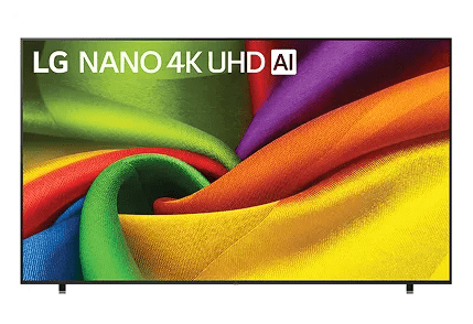 Smooth, fabric-like waves in bright colors on an LG Nano 4K UHD screen.