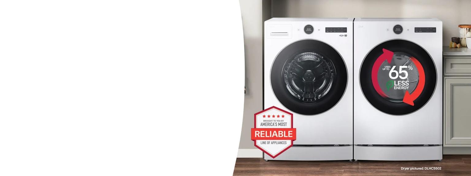 Image of washer and dryer with LG reliability badge