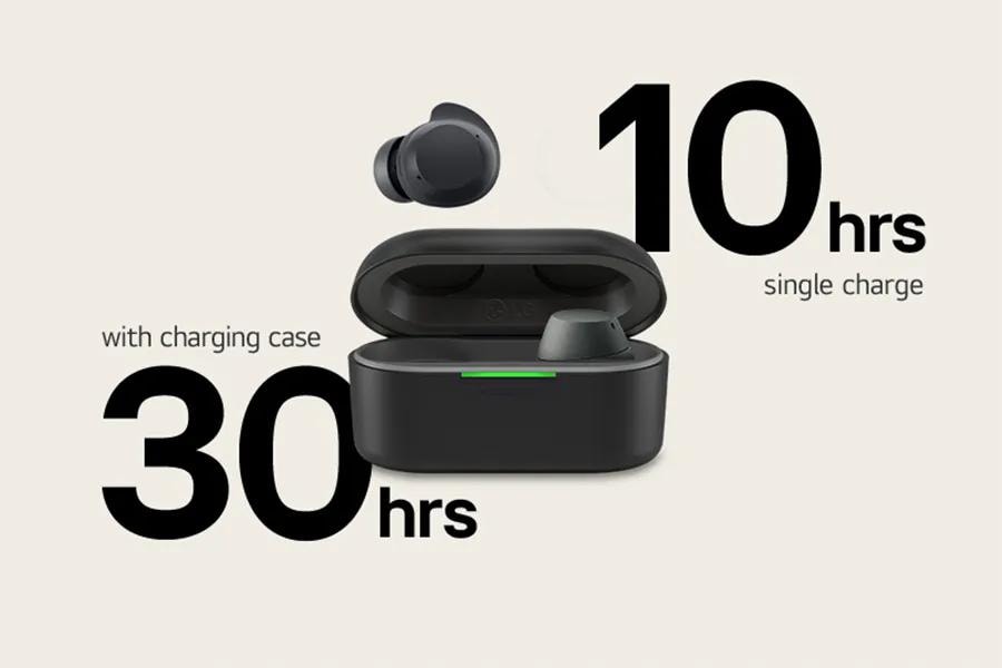 Image of 1 earbud outside of the case along with the 30 hour battery life
