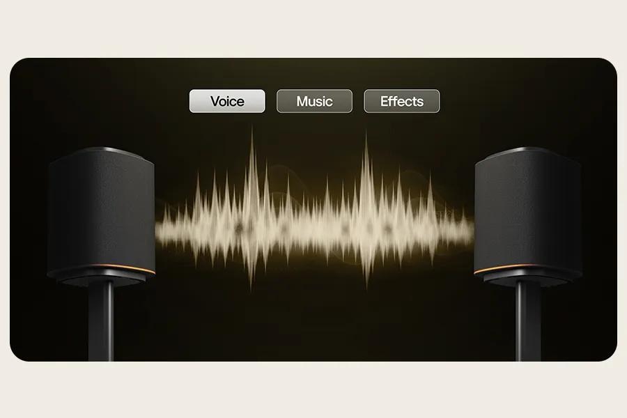 Image of the LG Sound Suite M5 wireless speakers showing sound waves for each of the different settings.