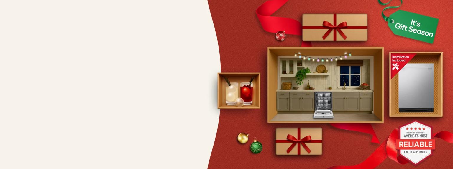 “It’s Gift Season” tag. An LG dishwasher and various holiday-themed items appear in a gift box collage layout. “Installation Included” text. “America’s Most Reliable Line of Home Appliances” badge. 