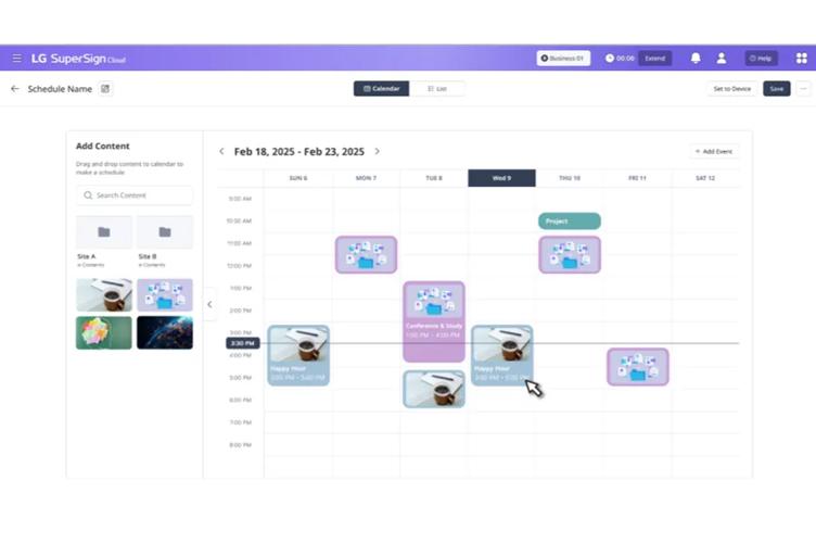 A digital weekly calendar interface showing scheduled events for February 18-23, 2025, on the LG SuperSign Cloud platform.