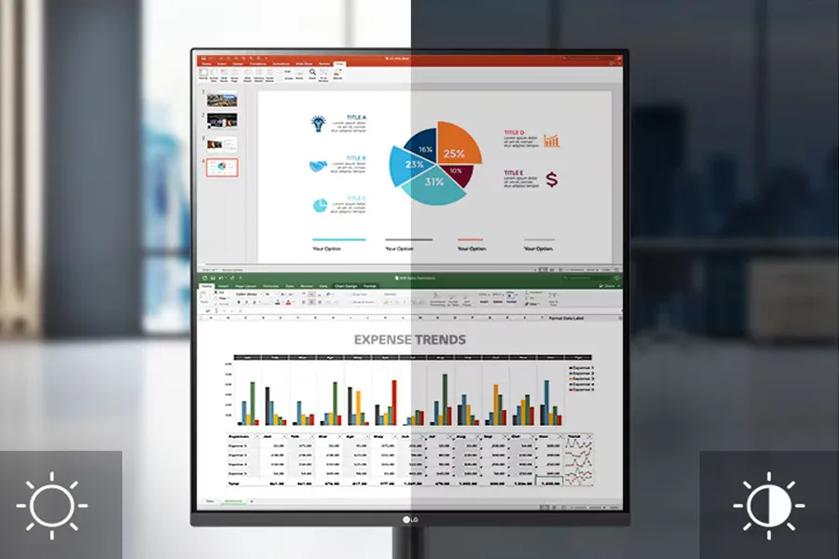 Monitor displaying a split screen with a PowerPoint slide and Excel spreadsheet, showing a brightness comparison.