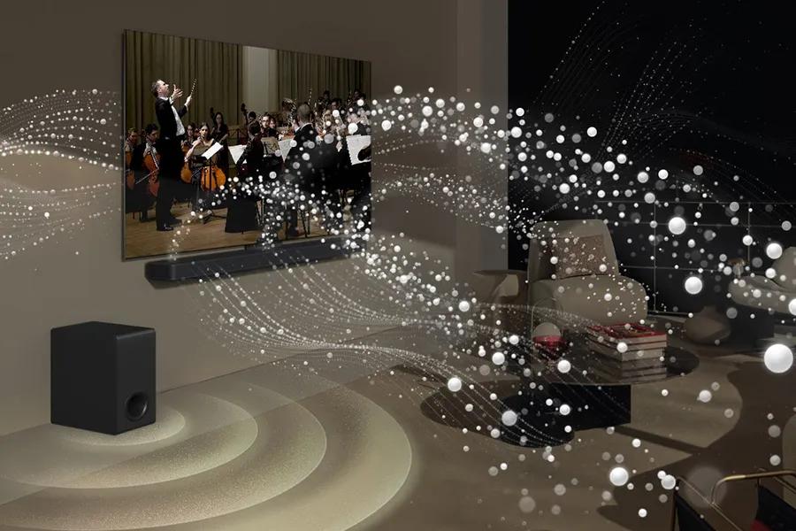 Sound bubbles coming from the Soundbar and spreading across the room