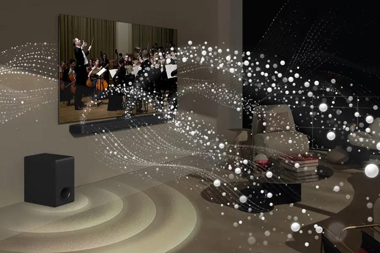 Sound bubbles coming from the Soundbar and spreading across the room