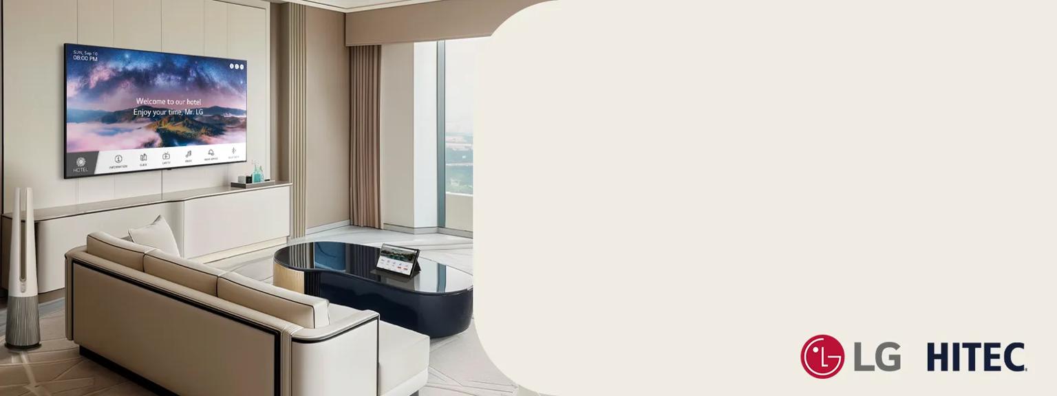 Hotel room with LG Hospitality TV, with LG and HITEC logos in the corner. 