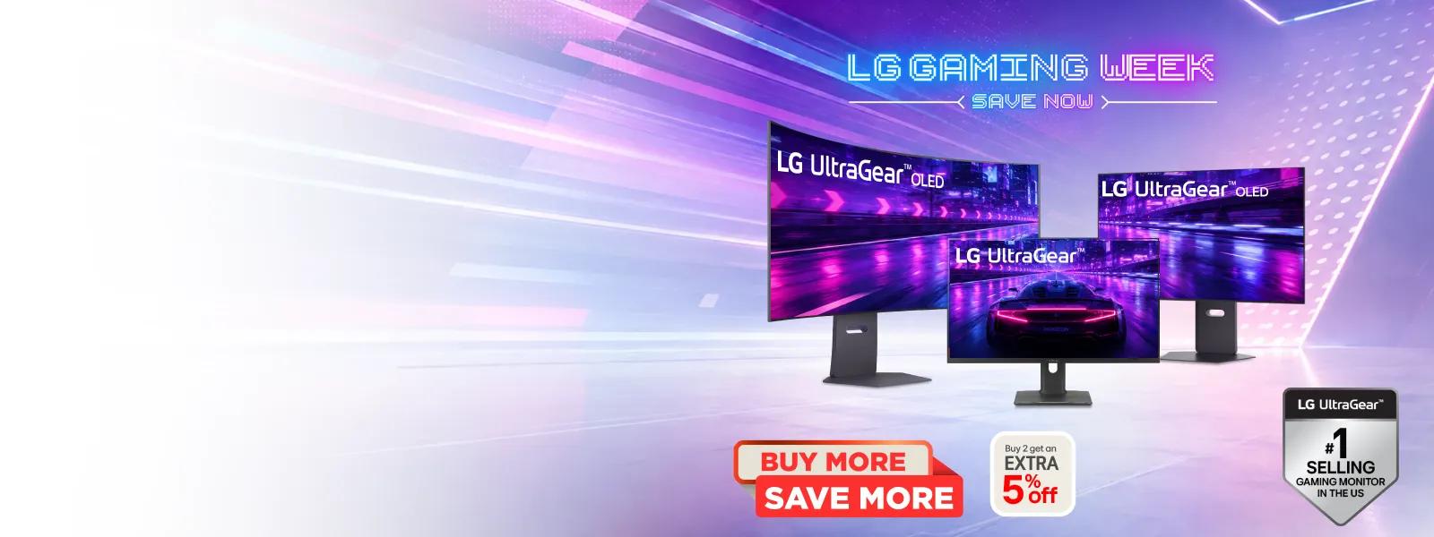 LG UltraGear OLED and evo AI monitors with LG Gaming Week promotional banner with a Buy More Save More, Buy 2 get an extra 5% off., and LG UltraGear is the #1 selling gaming monitor in the US badges.