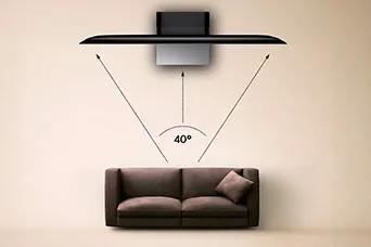 LG TV size recommendation illustrates a 40-degree field of view in front of a sofa, showing the recommended viewing angle between the screen and seating area.