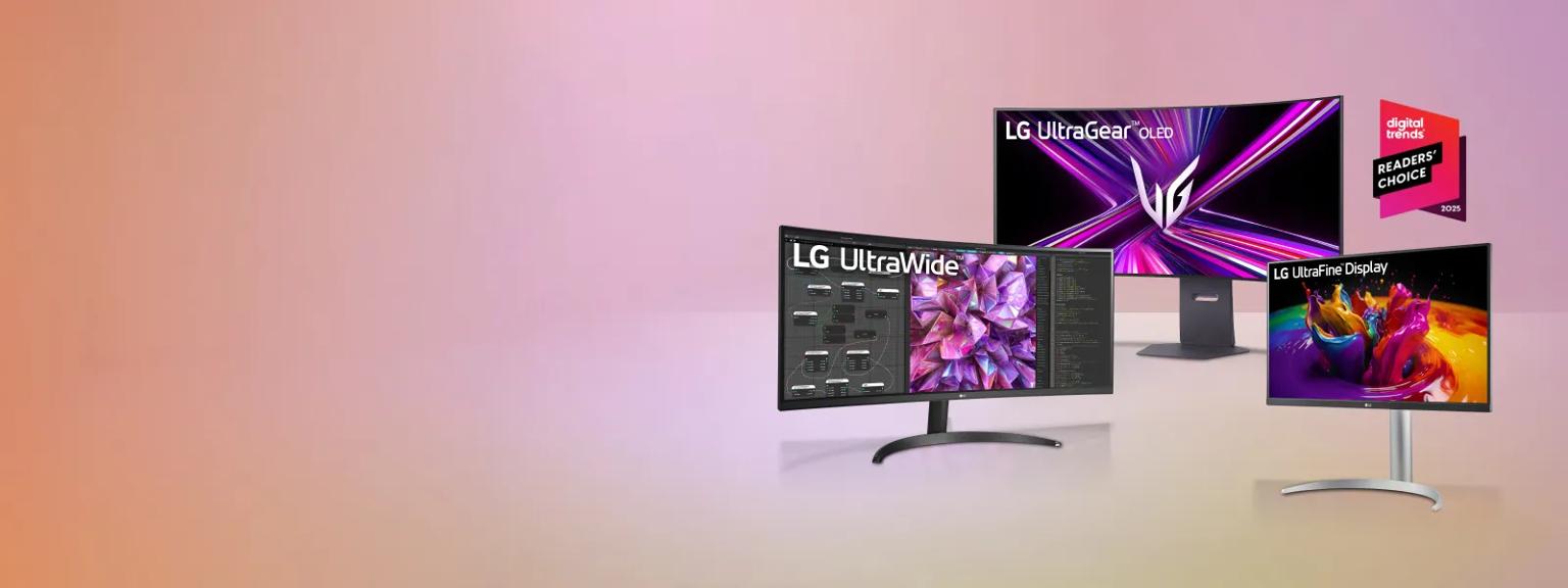 Various LG Monitors appear on a bright background. “Digital Trends Readers’ Choice 2025” badge.