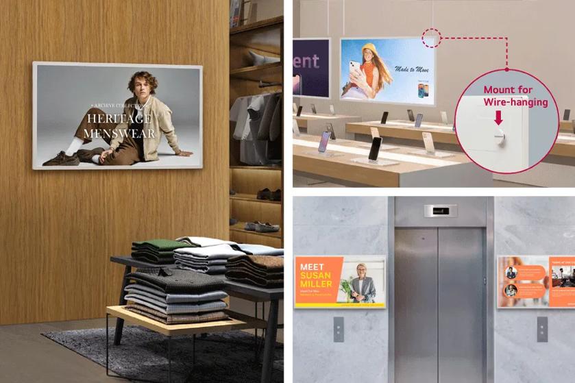 LG e-paper displays in retail and corporate environments. A pop-out with text highlights the display's mount for wire hanging. 