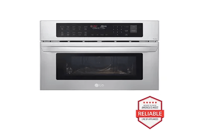 A front-facing image of the LG MZBZ1715S built-in microwave next to a red 'America's most reliable line of home appliances' badge.