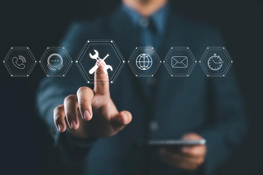 person touching air that looks like screen for remote management