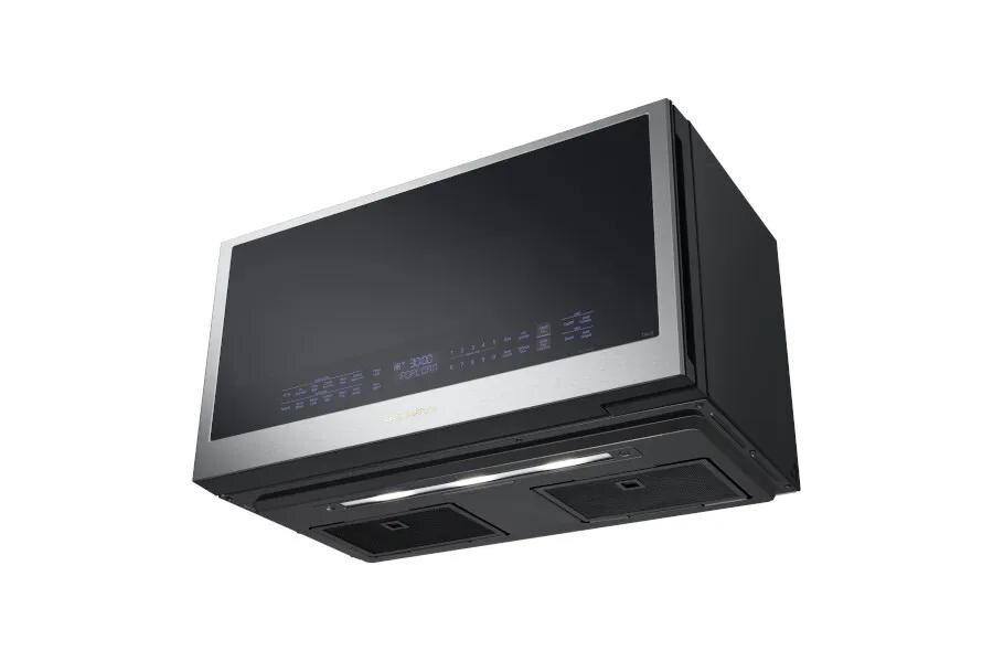 MHEU1738X Over-the-Range Microwave with Motion Sense feature showing black exterior with stainless steel trim and digital display panel