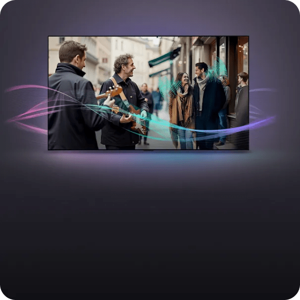 A city street scene on a TV screen showing two musicians playing guitar for smiling pedestrians, with colorful sound waves illustrating immersive audio.