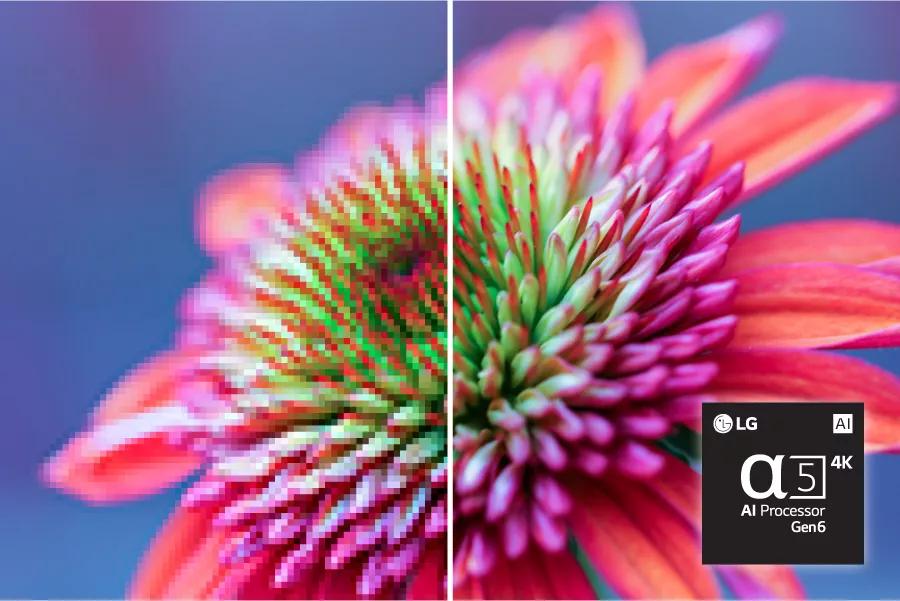 A split screen of a sunflower with the right side showing sharper details. Text: AI Super Upscaling. Alpha5 AI Processor Gen 6 chip.