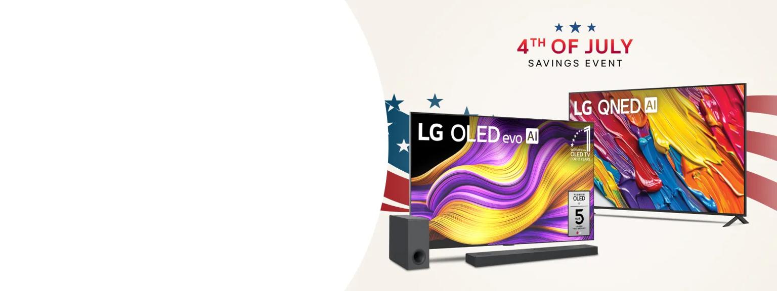 “4th of July Savings Event” title badge. A group of LG TVs and a soundbar on a stars and stripes background.