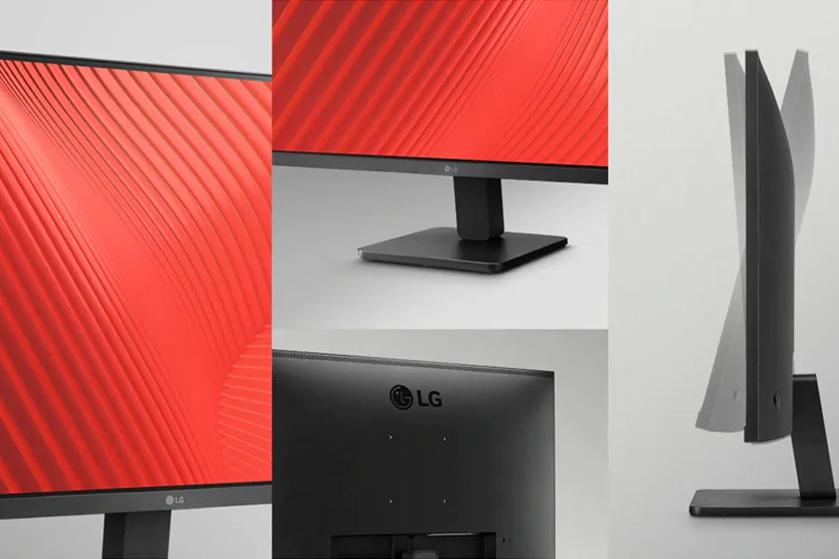 Collage of views of an LG monitor, including front, close-up, back, and side perspectives with a red patterned display.