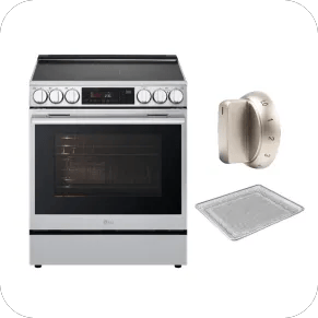 LG LSIL6336XE / LSIL6334XE Slide-In Range - Stainless Finish - Front View, LG AEZ73453509 Gas Range Knob - Side View and LG Air Fry Tray