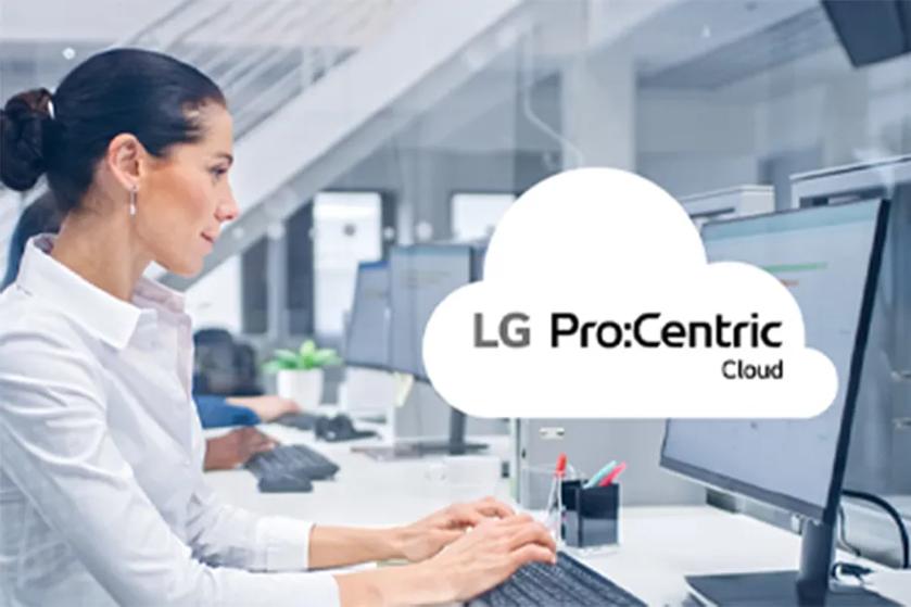 A woman uses a computer to check her Pro:Centric Cloud status. The LG Pro:Centric Cloud logo is in the center of the image. 