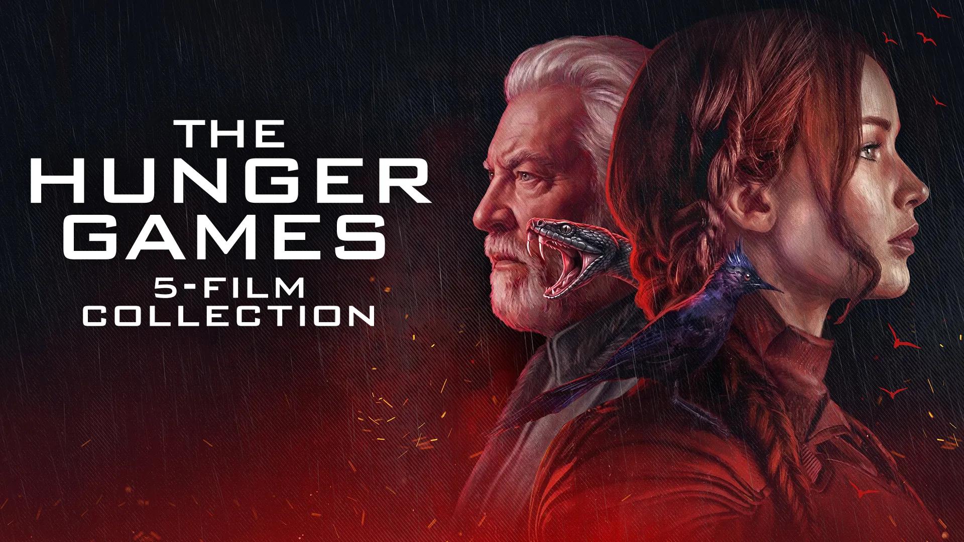 Promotional artwork for The Hunger Games 5-Film Collection featuring illustrated profile portraits of an older white-haired man and a young woman with a braid, with a striking snake and a mockingjay bird between them against a dark red background.