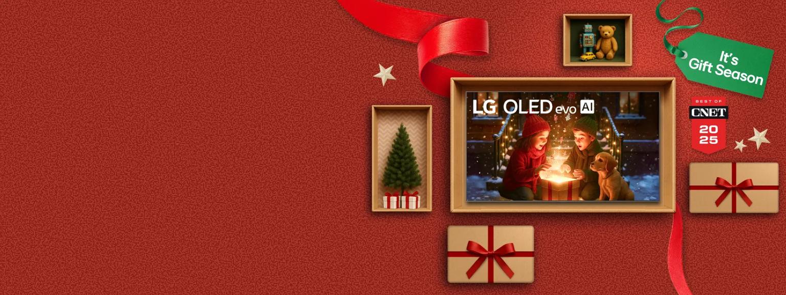 “It’s gift season” badge. Opened and unopened gift boxes appear in a cluster. Center box displays LG OLED TV. “Best of CNET 2025” badge.