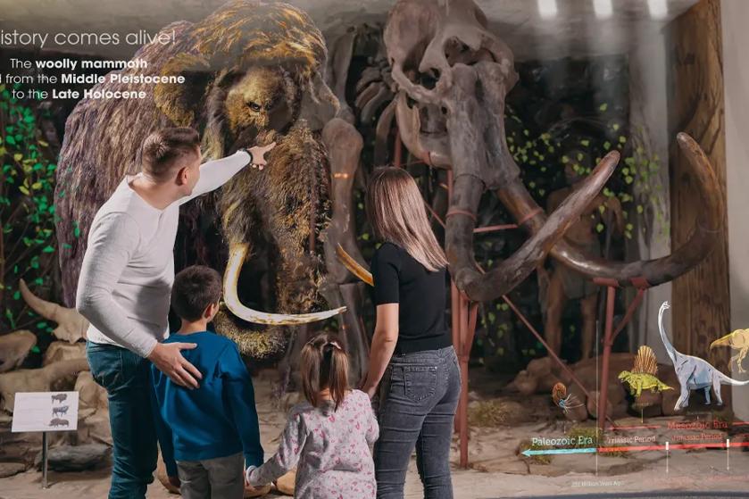 A family points at a museum exhibit of a mammoth skeleton overlaid with LG transparent signage showing the mammoth as it was when alive.