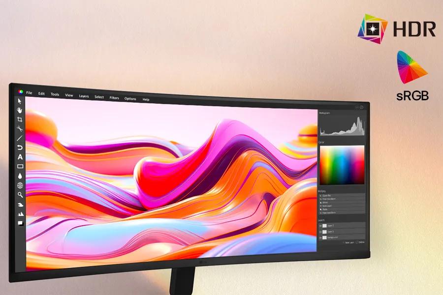LG 34U601B-B 34-Inch UltraWide Monitor displaying vibrant colorful graphics with photo editing software and sRGB color coverage feature highlighted