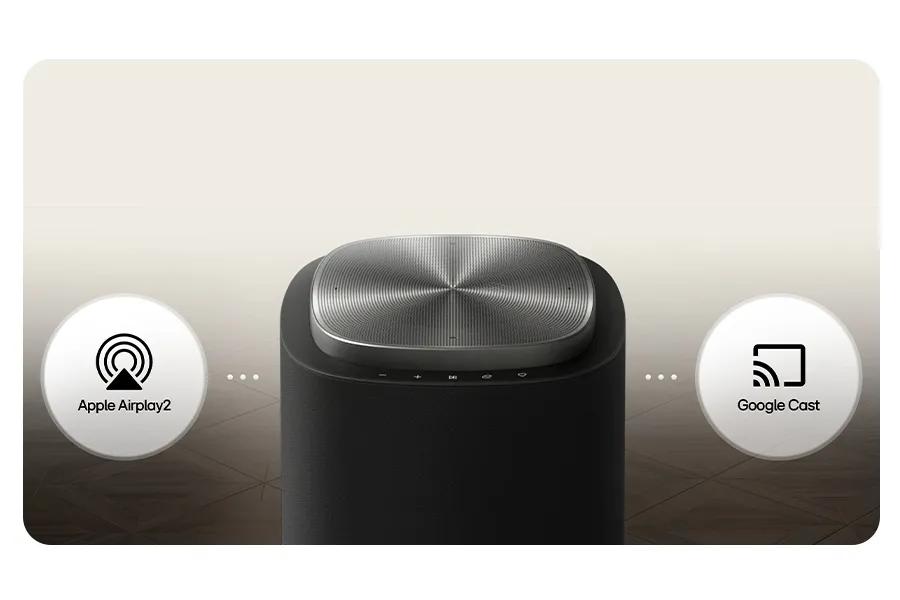Image of the LG Sound Suite Speaker demonstratiing connection options to Apple Airplay or Google Cast for music listening.